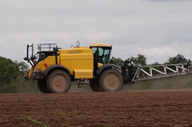 Żółty opryskiwacz rolniczy na polu, z rozłożonymi ramionami.
