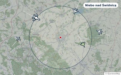 Mapa okolic miasta z sylwetkami samolotów — Niebo nad Świdnicą na żywo