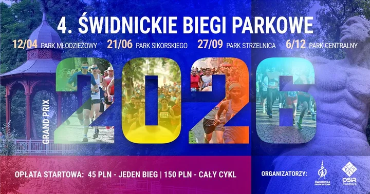 Grafika promocyjna wydarzenia 4. Świdnickie Biegi Parkowe – Grand Prix 2026: wiosenny bieg w Parku Młodzieżowym