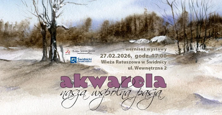 Grafika promocyjna wydarzenia Akwarela – nasza wspólna pasja: wystawa amatorów akwareli w Wieży Ratuszowej