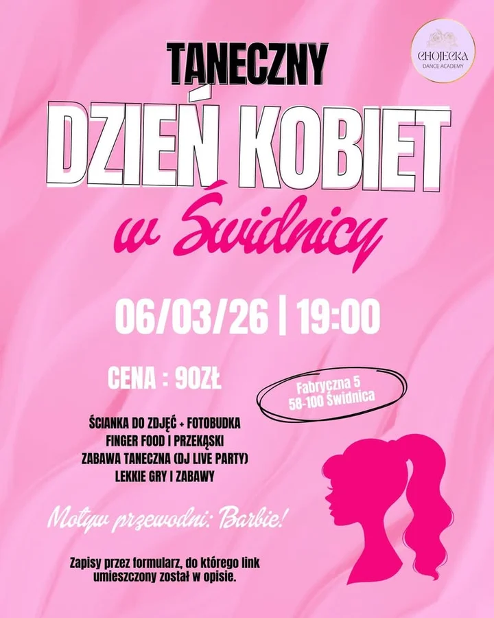 Grafika promocyjna wydarzenia DZIEŃ KOBIET „Barbie” w Świdnicy — różowy wieczór taneczny