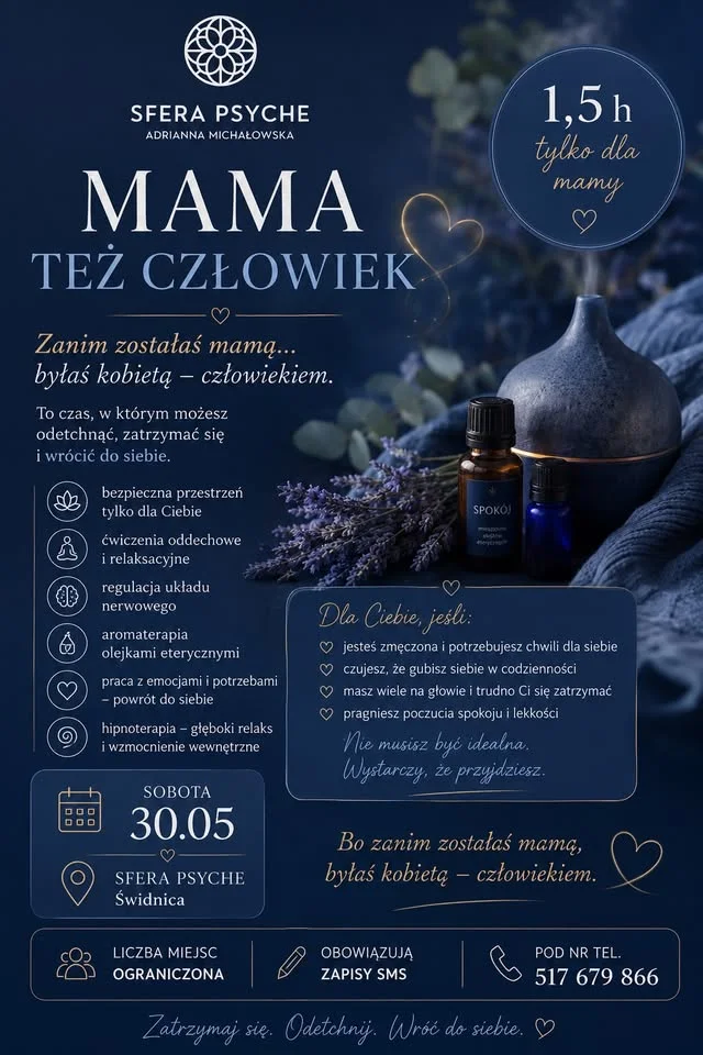 Grafika promocyjna wydarzenia Dzień Mamy w SFERZE PSYCHE w Świdnicy. 1,5 godziny tylko dla mam