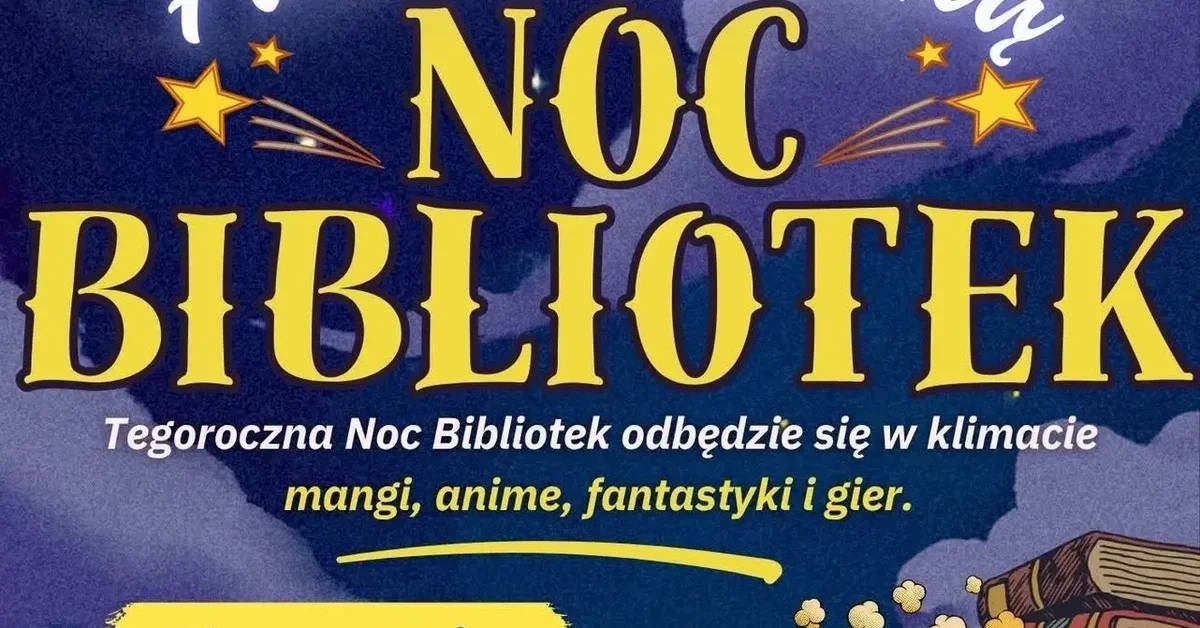 Grafika promocyjna wydarzenia Fantastyczna Noc Bibliotek w Strzegomiu