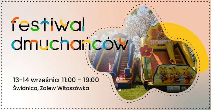 Obrazek przedstawia grafikę promocyjną wydarzenia Festyn rodzinny z dmuchańcami nad zalewem w Świdnicy
