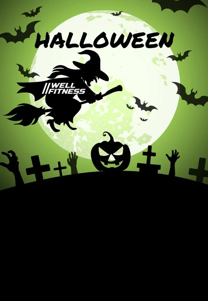 Grafika promocyjna wydarzenia HALLOWEEN w Well Fitness Świdnica — trening, maraton Zumby i dzień otwarty (31 października 2025)