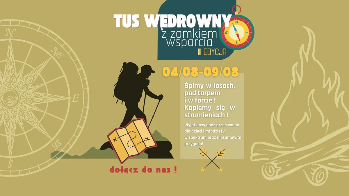 Grafika promocyjna wydarzenia Letnia przygoda z TUS Wędrowny – obóz survivalowy w Świdnicy