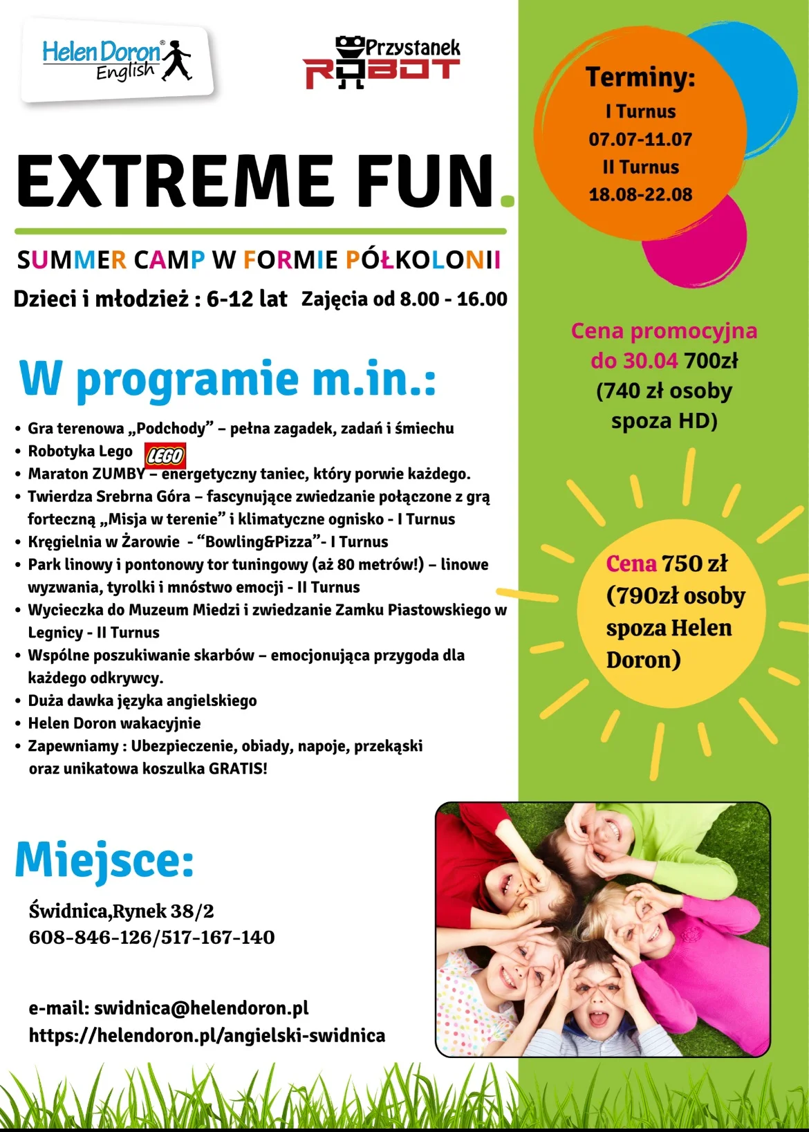 Grafika promocyjna wydarzenia Letnie półkolonie z zajęciami językowymi i sportowymi dla dzieci