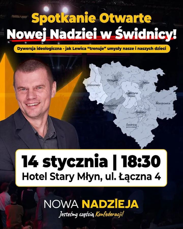 Grafika promocyjna wydarzenia Otwarte Spotkanie Nowa Nadzieja Świdnica — prelekcja o „dywersji ideologicznej”