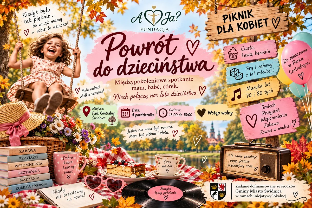 Grafika promocyjna wydarzenia Piknik dla Kobiet „Powrót do dzieciństwa” w Świdnicy