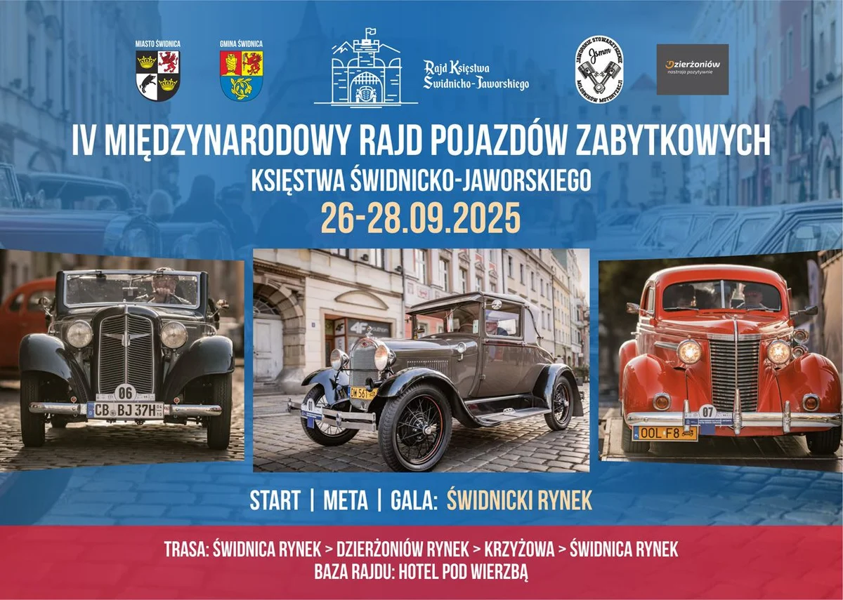 Grafika promocyjna wydarzenia Rajd Zabytkowych Samochodów w Świdnicy i Jaworze
