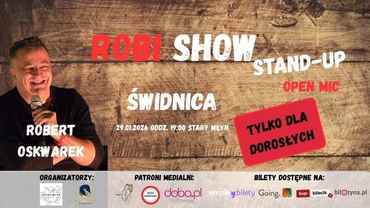 Grafika promocyjna wydarzenia Robi Show – stand-up (otwarty mikrofon) w Świdnicy
