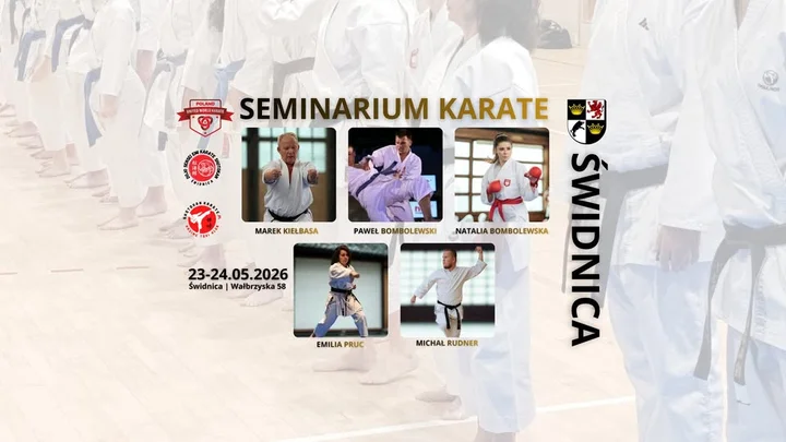 Grafika promocyjna wydarzenia Seminarium Karate: Marek Kiełbasa, Natalia i Paweł Bombolewscy, Emilia Pruc i Michał Rudner — 23–24 maja, Świdnica