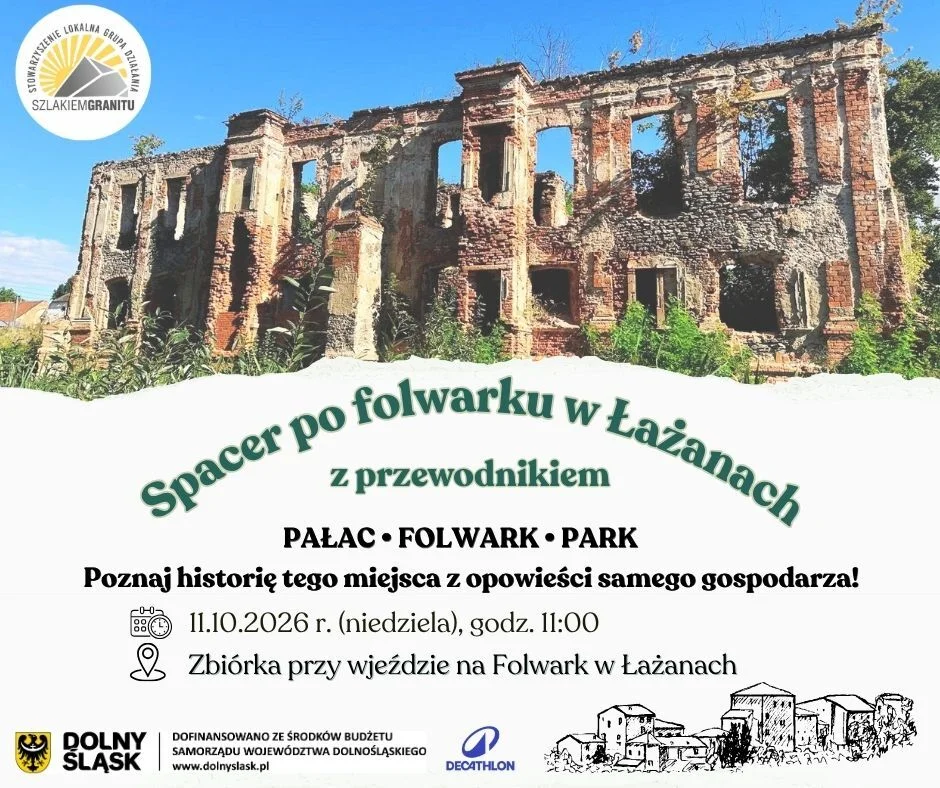 Grafika promocyjna wydarzenia Spacer po folwarku w Łażanach