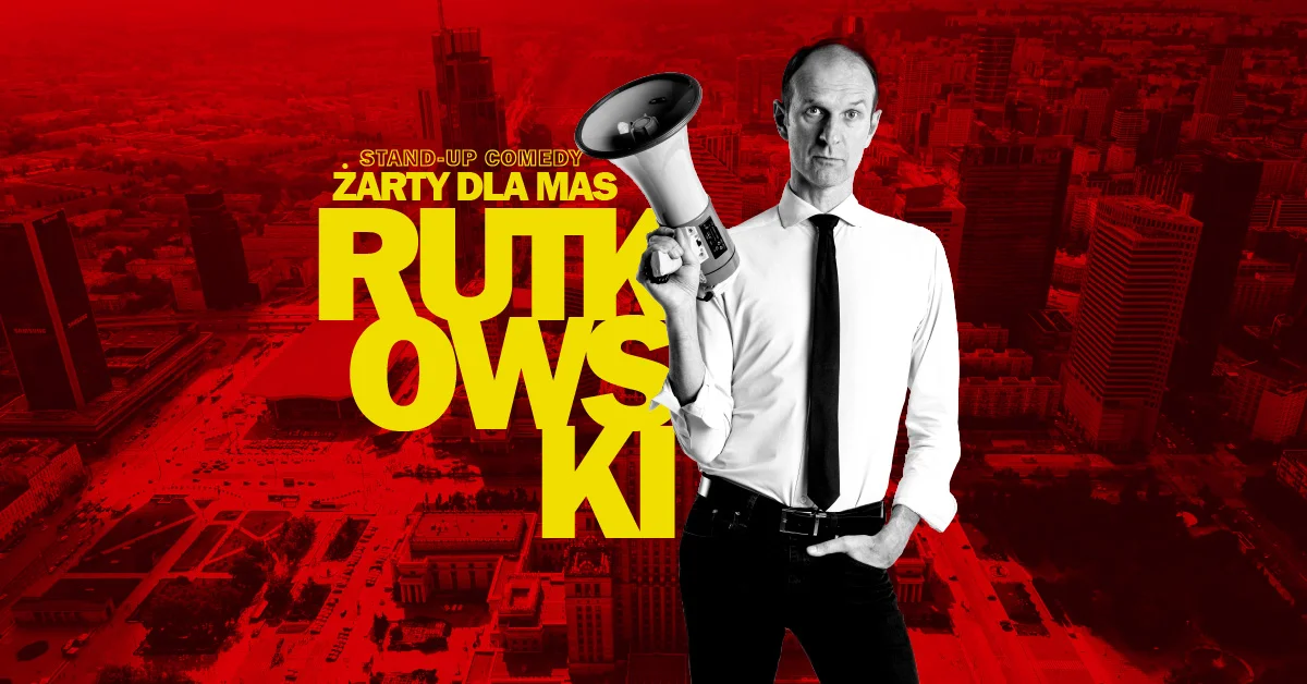 Grafika promocyjna wydarzenia Stand-up Rafała Rutkowskiego w Świdnicy – program "Żarty dla mas"