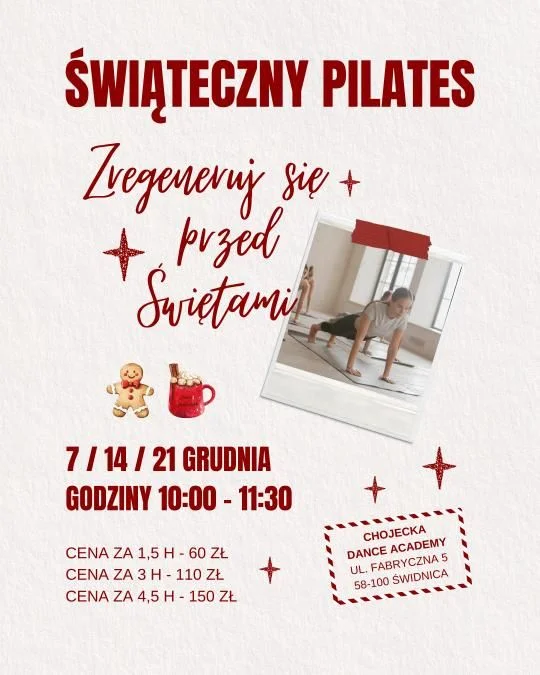 Grafika promocyjna wydarzenia Świąteczny Pilates — Zregeneruj się przed Świętami (Świdnica)
