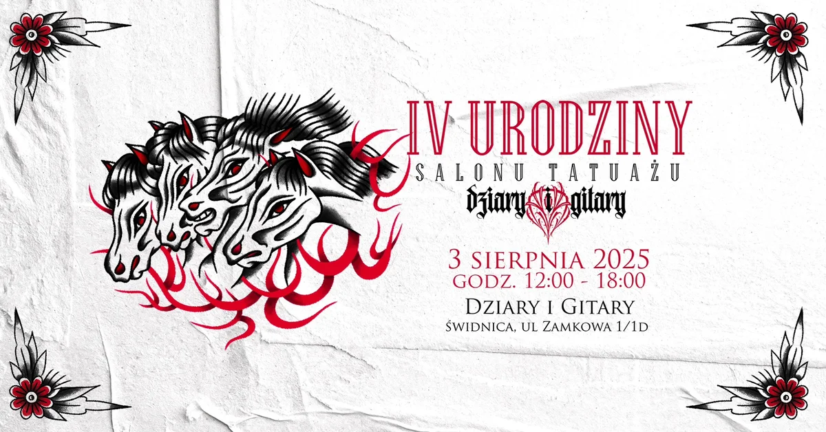Grafika promocyjna wydarzenia Świętowanie czwartej rocznicy studia tatuażu i muzyki w Świdnicy