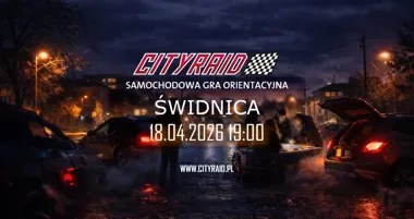 Grafika promocyjna wydarzenia CITYRAID Świdnica: samochodowa gra orientacyjna z nagrodami