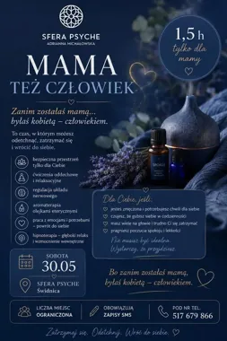 Grafika promocyjna wydarzenia Dzień Mamy w SFERZE PSYCHE w Świdnicy. 1,5 godziny tylko dla mam