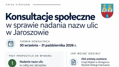 Grafika promocyjna wydarzenia Konsultacje społeczne w sprawie nadania nazw ulic w Jaroszowie