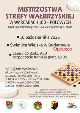Grafika promocyjna wydarzenia Mistrzostwa Strefy Wałbrzyskiej w warcabach 100-polowych