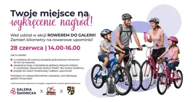 Grafika promocyjna wydarzenia Rowerem do Galerii Świdnickiej: przejedź kilometry i odbierz rowerowy upominek