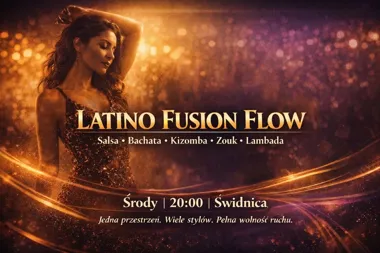 Grafika promocyjna wydarzenia Latino Fusion Flow w Świdnicy – noworoczny kurs tańca z salsą, bachatą, kizombą i zoukiem