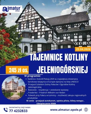 Grafika promocyjna wydarzenia Tajemnice Kotliny Jeleniogórskiej: Świdnica, Bukowiec i Łomnica – jednodniowa wycieczka z Opola