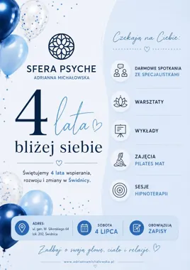 Grafika promocyjna wydarzenia 4. urodziny SFERY PSYCHE w Świdnicy. Będzie świętowanie, wiedza i chwila dla siebie