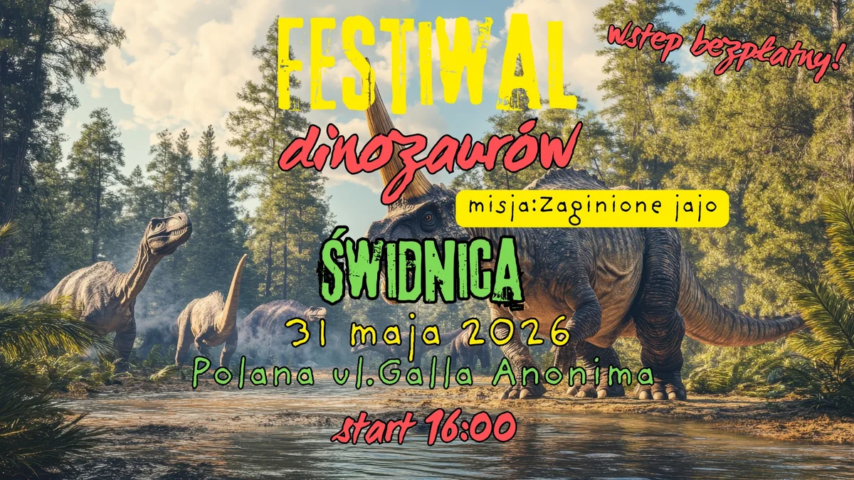 Grafika promocyjna wydarzenia Festiwal Dinozaurów wraca do Świdnicy. Rodzinna przygoda z zagadkami i dinozaurzym jajem