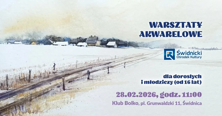 Grafika promocyjna wydarzenia Warsztaty akwarelowe w Klubie Bolko – zimowy pejzaż i praca nad kontrastem