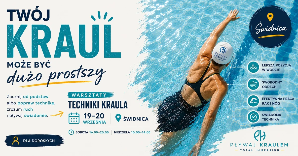 Grafika promocyjna wydarzenia Warsztaty Techniki Kraula – Świdnica: technika pływania