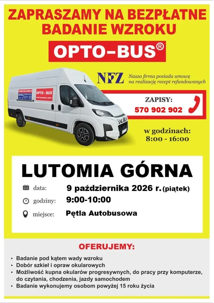 Bezpłatne badanie wzroku w Lutomi Górnej. OPTO-BUS wraca do gminy