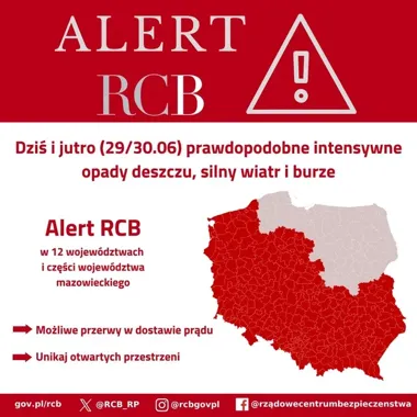 RCB ostrzega przed gwałtowną pogodą. Grożą burze, grad i silny wiatr