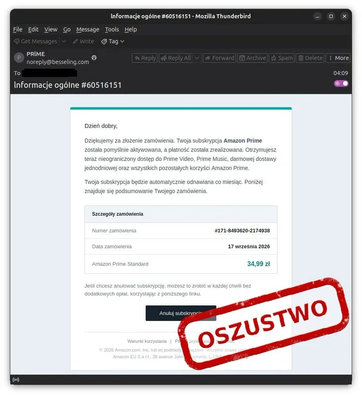 Rzekoma aktywacja Amazon Prime. E-mail miał wyłudzić dane karty