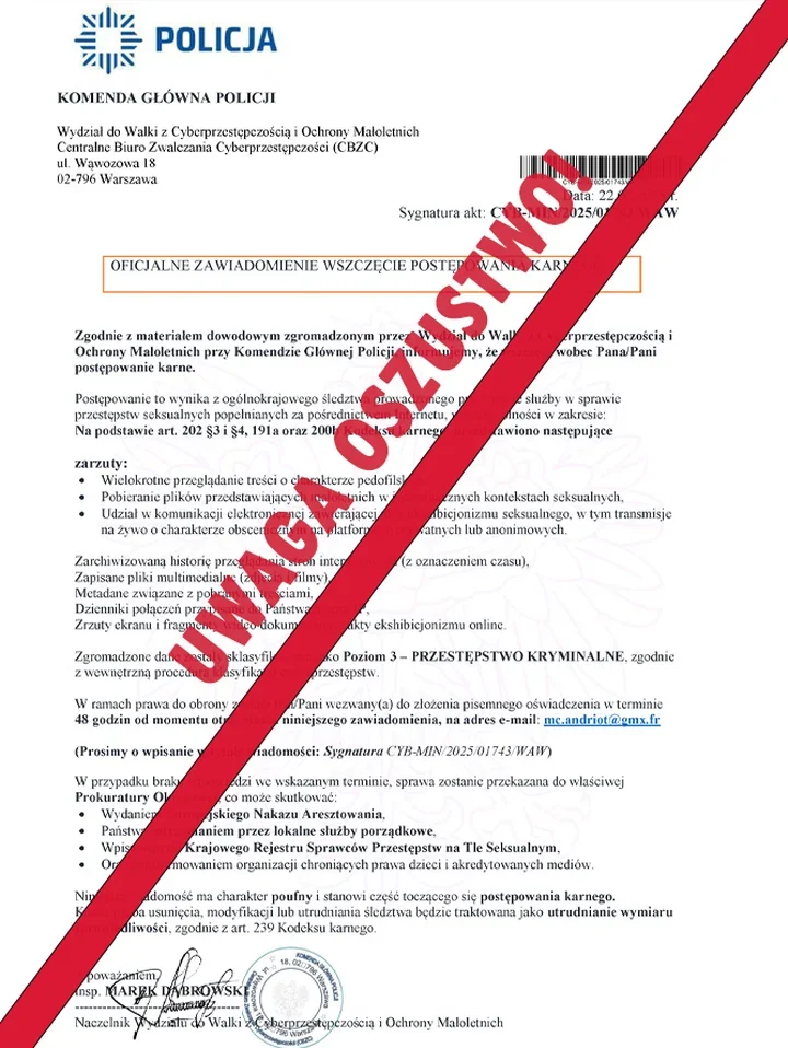 Mail rzekomo od Policji ze sprawą pedofilską. CBZC ostrzega