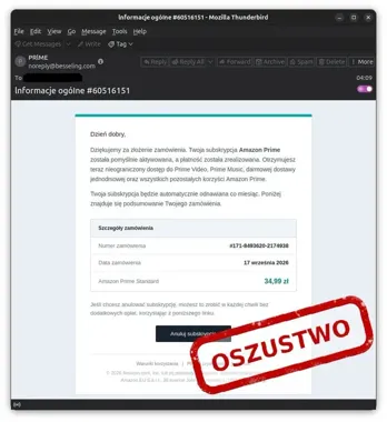 Rzekoma aktywacja Amazon Prime. E-mail miał wyłudzić dane karty